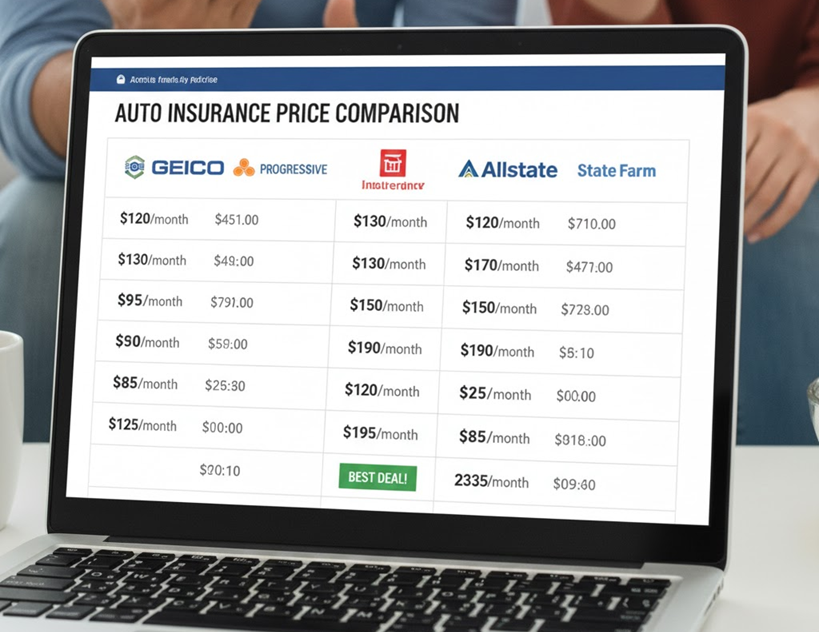 Auto insurance price comparison chart showing rates from GEICO, Progressive, Interaccy, Allstate, and State Farm