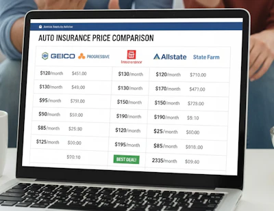 Auto insurance price comparison chart showing rates from GEICO, Progressive, Interaccy, Allstate, and State Farm