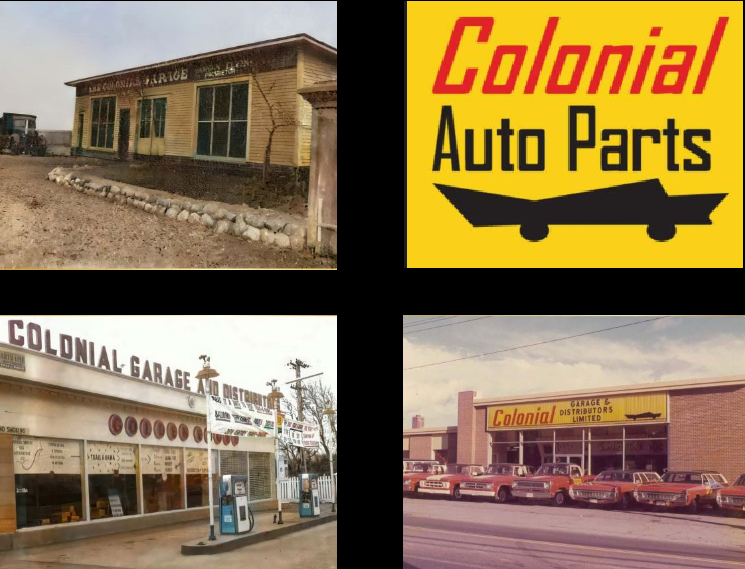 Vintage Colonial Auto Parts logo and storefront images from multiple locations