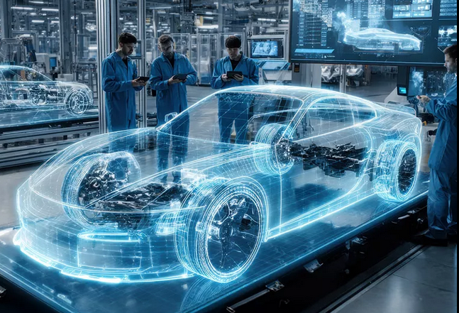 Futuristic automotive design lab with holographic car blueprint and technicians