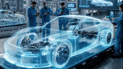 Futuristic automotive design lab with holographic car blueprint and technicians