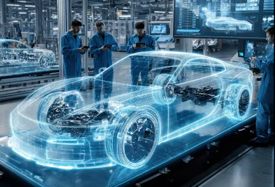 Futuristic automotive design lab with holographic car blueprint and technicians