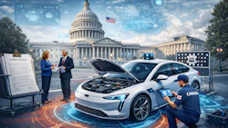 Electric vehicle being inspected near US Capitol, showcasing advanced automotive technology and government innovation