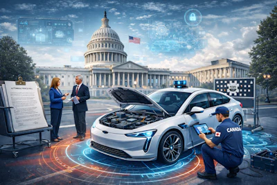 Electric vehicle being inspected near US Capitol, showcasing advanced automotive technology and government innovation