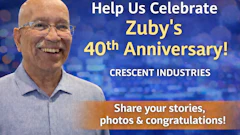 Zuby's 40th Anniversary celebration poster with smiling executive in blue shirt