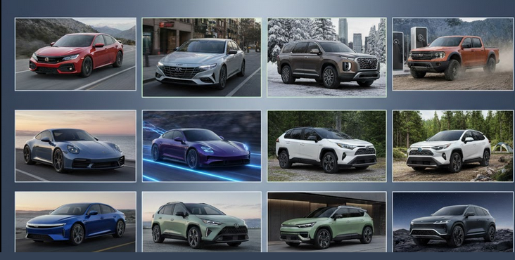 Grid of 12 different vehicles including SUVs, sports cars, and trucks in various colors