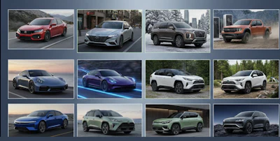 Grid of 12 different vehicles including SUVs, sports cars, and trucks in various colors