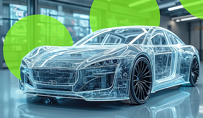Transparent wireframe sports car model in high-tech showroom with green circular design elements