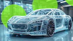 Transparent wireframe sports car model in high-tech showroom with green circular design elements