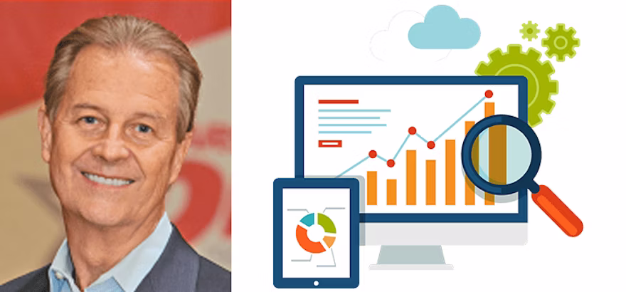 Smiling professional with data analytics dashboard showing growth charts