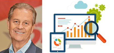 Smiling professional with data analytics dashboard showing growth charts