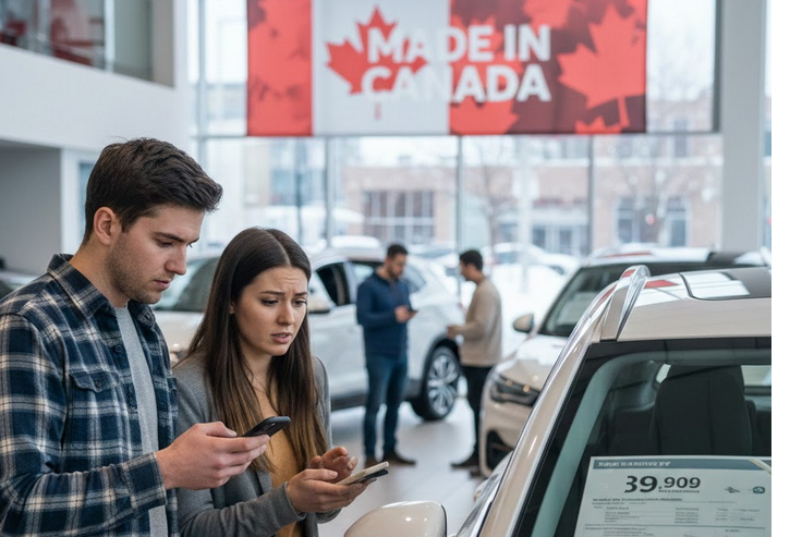 Customers examining car in Canadian dealership with Made in Canada banner