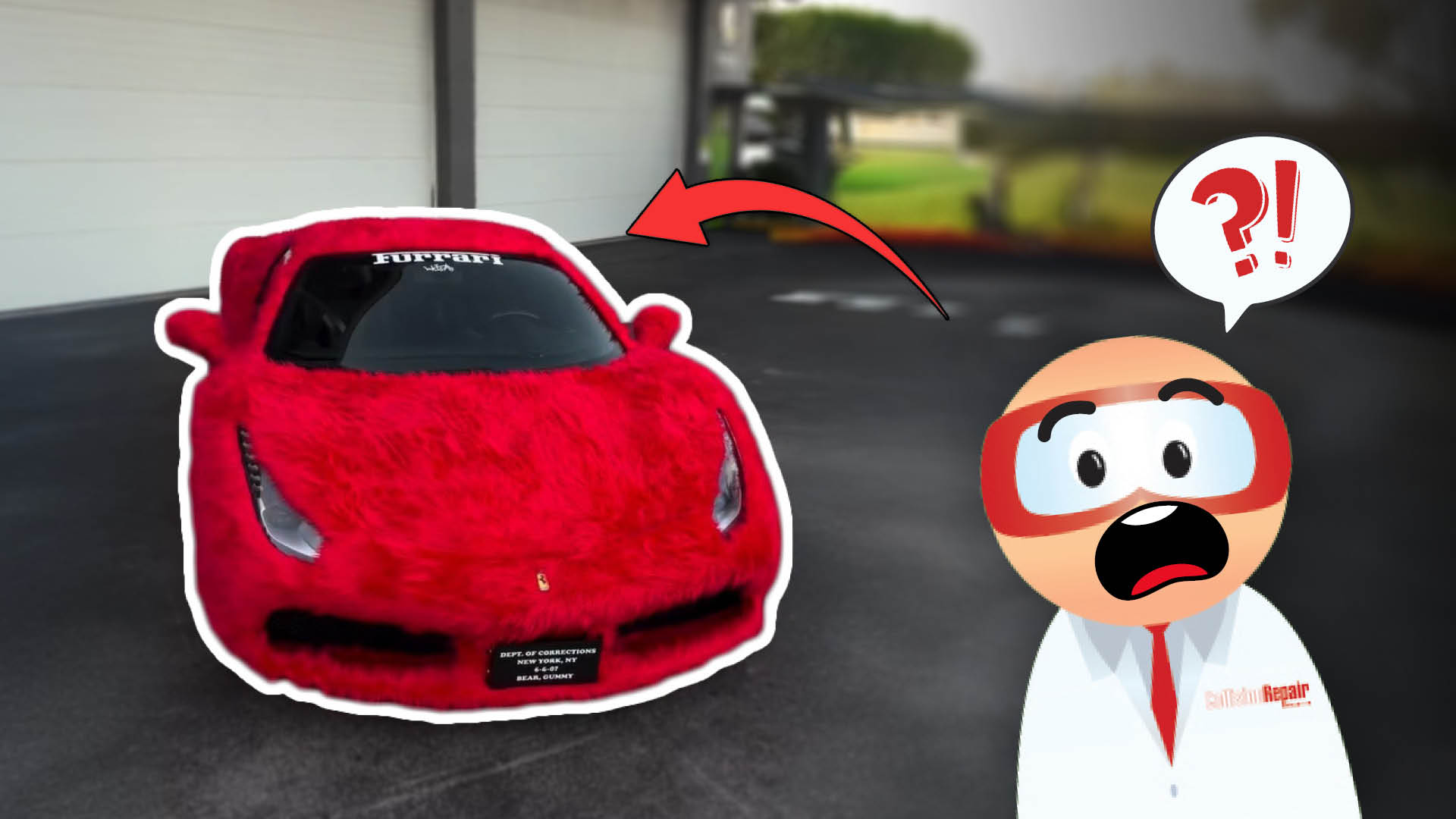 Red Ferrari sports car with shocked cartoon character in white shirt