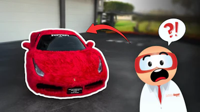 Red Ferrari sports car with shocked cartoon character in white shirt