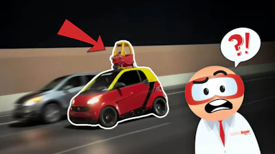 Cartoon character looks shocked as red compact car speeds by with surprised driver