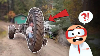 Off-road vehicle tilted at extreme angle with cartoon character looking shocked
