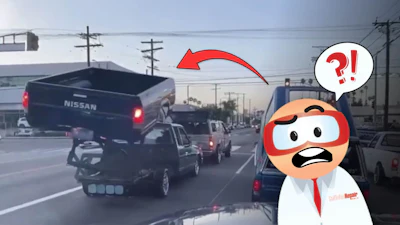 Traffic scene with Nissan truck, cartoon character reacting with surprise