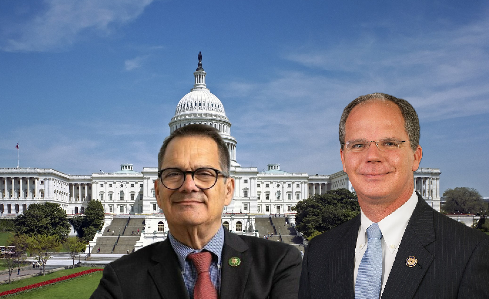 Two congressional representatives standing before the U.S. Capitol building