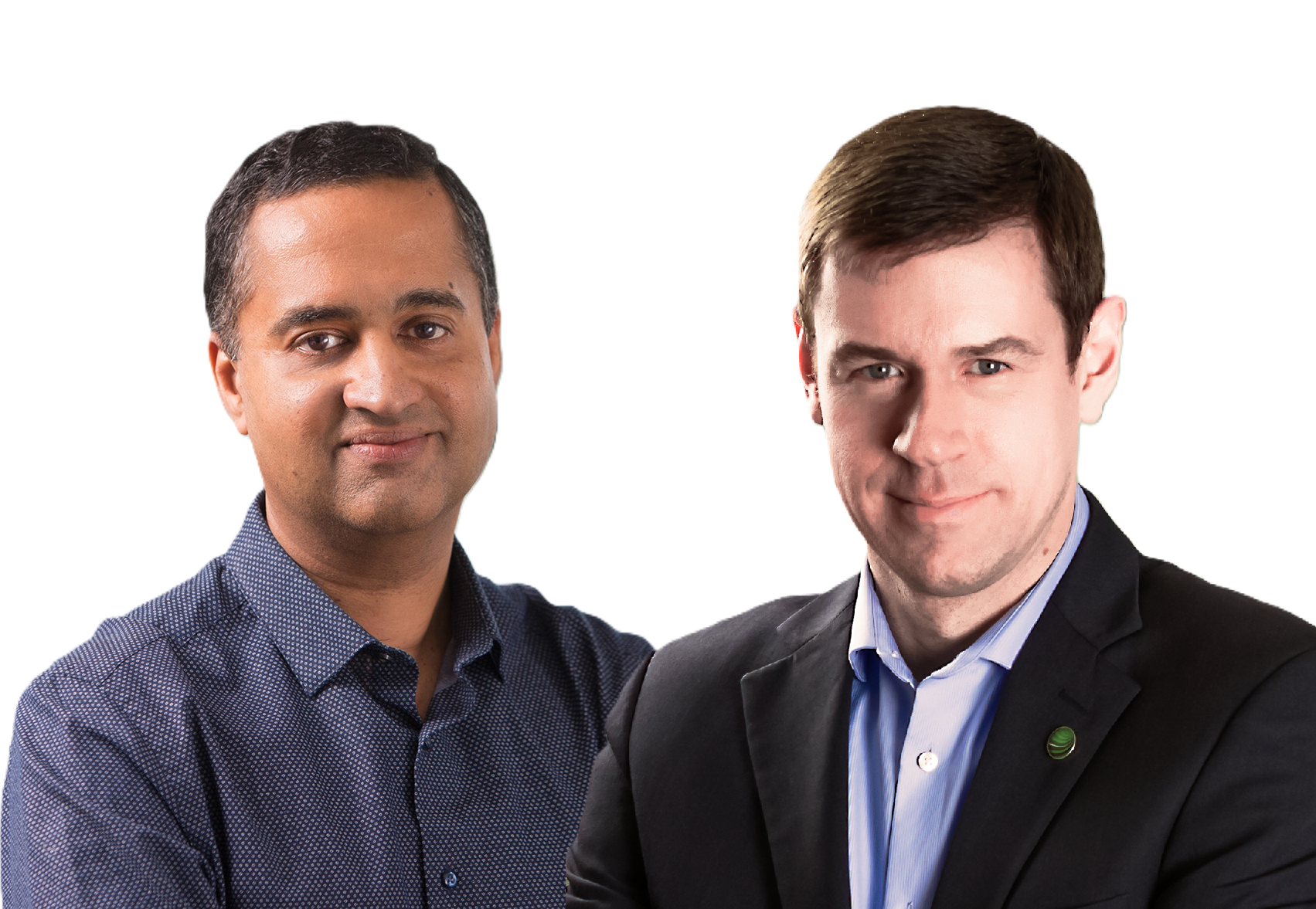 Two professional men in business shirts, one in blue patterned shirt, one in black suit