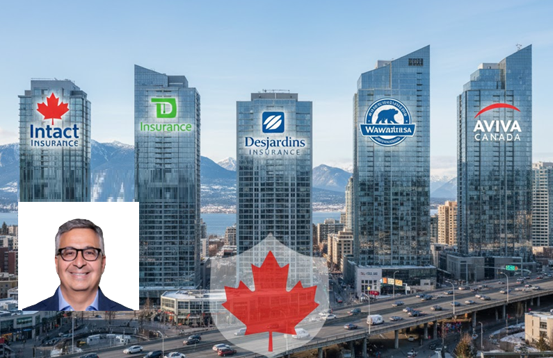 Vancouver skyline with Canadian insurance company headquarters and mountain backdrop
