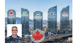 Vancouver skyline with Canadian insurance company headquarters and mountain backdrop