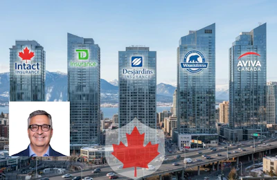 Vancouver skyline with Canadian insurance company headquarters and mountain backdrop