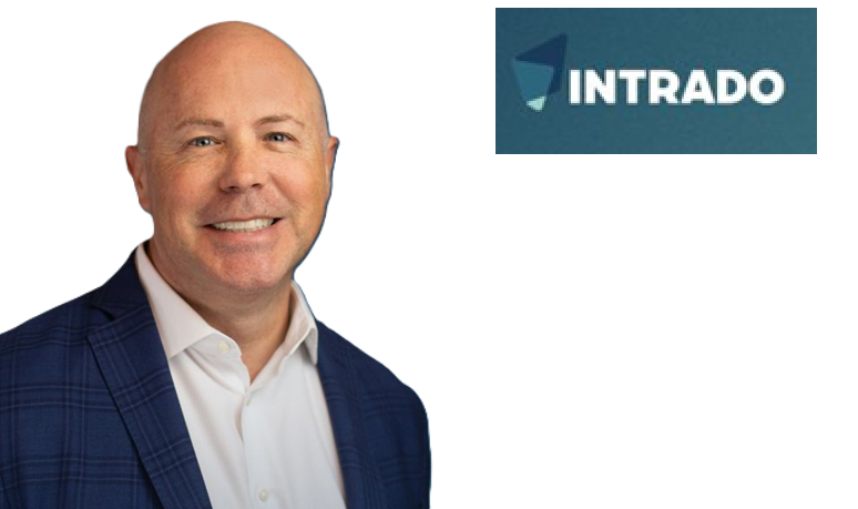 Intrado corporate logo with smiling professional in blue blazer