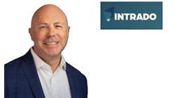 Intrado corporate logo with smiling professional in blue blazer