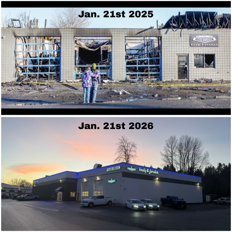 Auto body shop damaged in 2025, rebuilt and operational by 2026 with modern facility