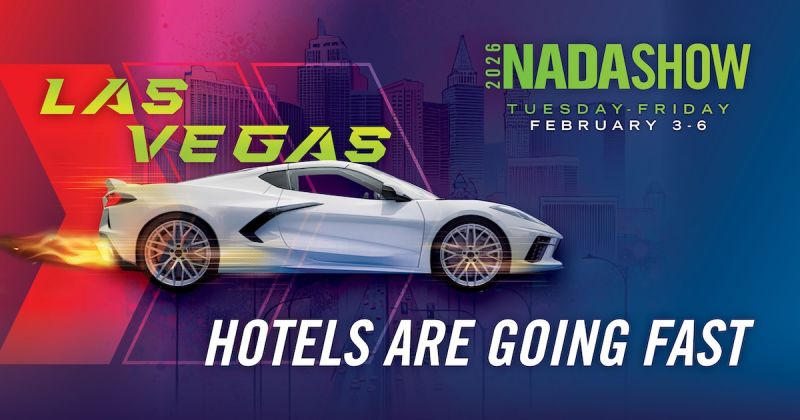 2026 NADA Show promotional graphic with white sports car against Las Vegas skyline