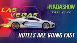 2026 NADA Show promotional graphic with white sports car against Las Vegas skyline