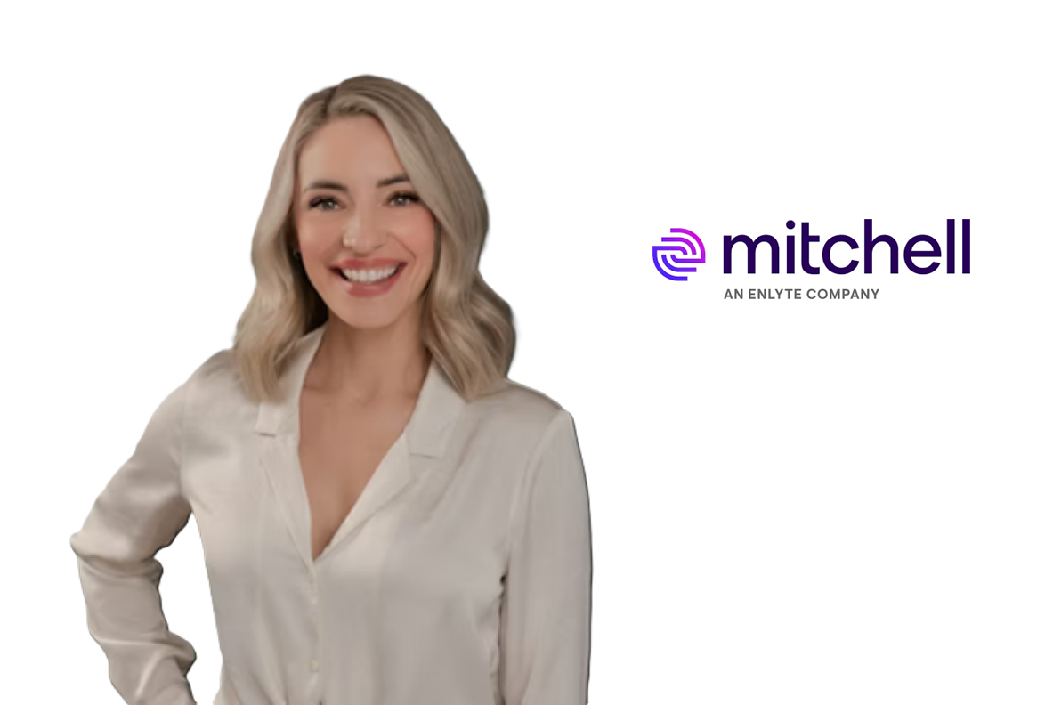 Mitchell Enlyte corporate logo in purple and white with professional background