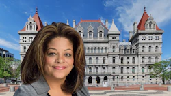 Professional woman in gray suit at New York State Capitol building in Albany