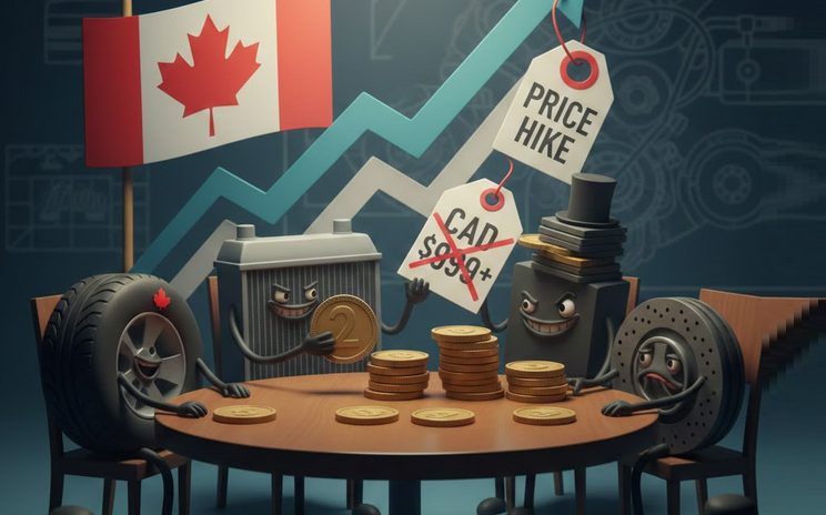Cartoon car parts and coins discuss Canadian economy with rising price hike graph