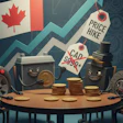 Cartoon car parts and coins discuss Canadian economy with rising price hike graph