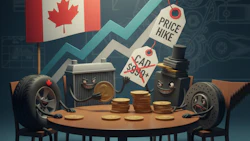 Cartoon car parts and coins discuss Canadian economy with rising price hike graph