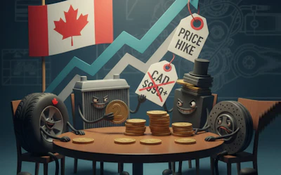 Cartoon car parts and coins discuss Canadian economy with rising price hike graph