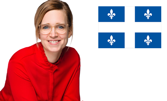 Smiling person in red top with Quebec provincial flag in background