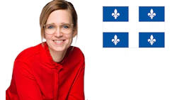 Smiling person in red top with Quebec provincial flag in background