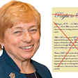 Smiling woman in blue jacket next to crossed-out 'Right to Repair' document