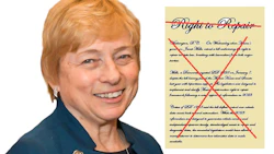 Smiling woman in blue jacket next to crossed-out 'Right to Repair' document