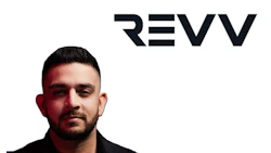 REVV logo with professional portrait against dark background
