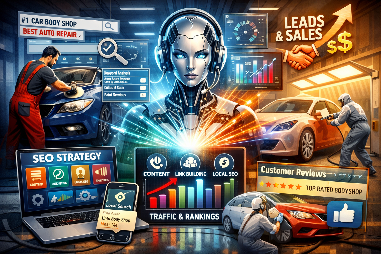 Futuristic digital dashboard showcasing auto repair SEO strategy, AI, and customer service workflow