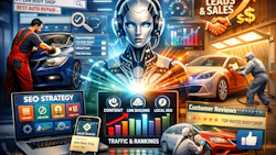 Futuristic digital dashboard showcasing auto repair SEO strategy, AI, and customer service workflow