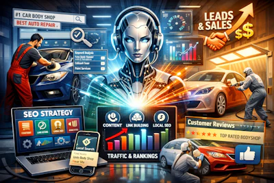 Futuristic digital dashboard showcasing auto repair SEO strategy, AI, and customer service workflow