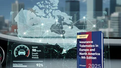 Digital dashboard showing telematics report with Canada map, driving stats, and mountain cityscape