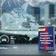 Digital dashboard showing telematics report with Canada map, driving stats, and mountain cityscape