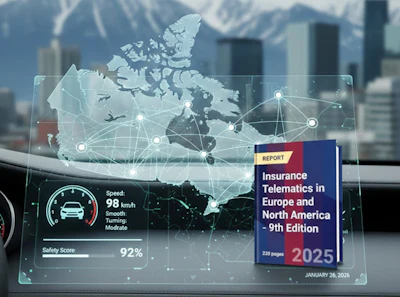 Digital dashboard showing telematics report with Canada map, driving stats, and mountain cityscape