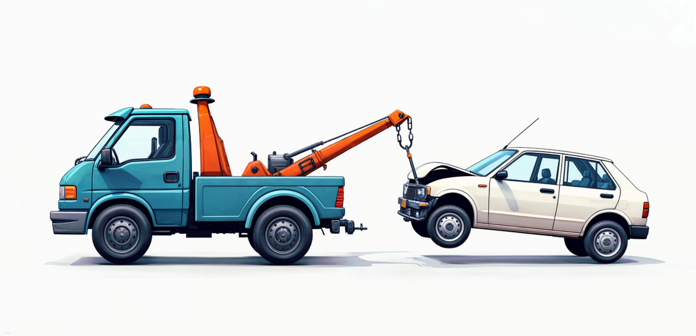 Blue tow truck preparing to tow a white sedan on a white background