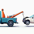 Blue tow truck preparing to tow a white sedan on a white background